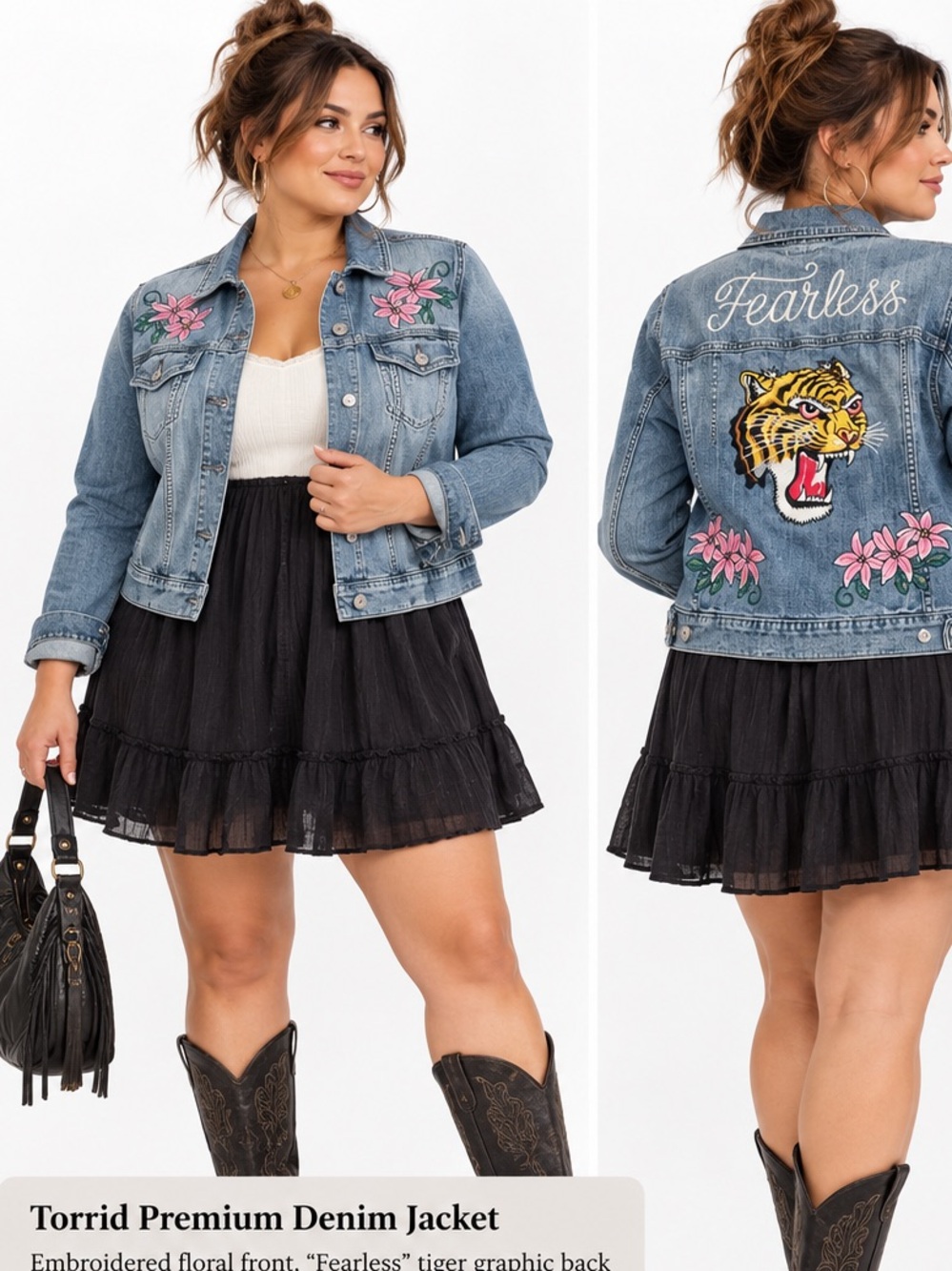torrid Light Blue Denim Jacket with Embroidered Tiger & Pink Flowers